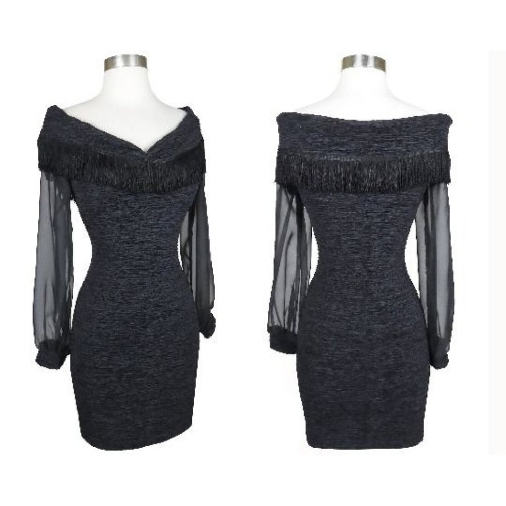 Vintage 80s 90s Black FRINGE Sheer Long Sleeve BodyCon Cocktail Party Dress XS